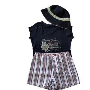 Tommy Hilfiger 3 piece shorts, tee and hat set. Sizes medium and 8.